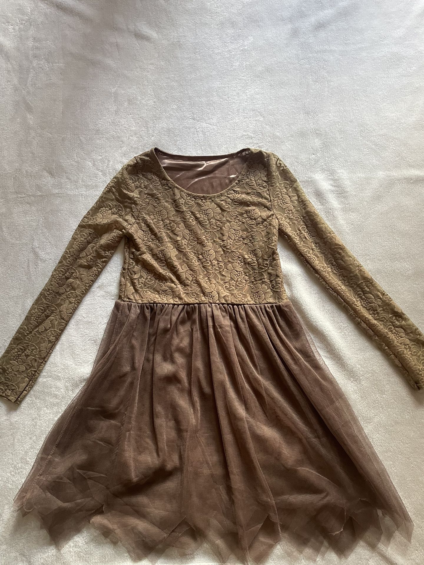 Girls Brown Long Sleeved Tulle Dress