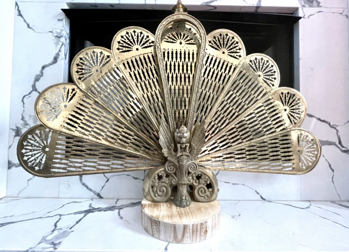 Gargoyle or Griffin Brass Peacock Fan Vintage Fireplace