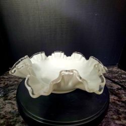 Vintage FENTON Silver Crest White Milk Glass Candy Dish Bowl Clear Ruffled Rim 10"×3"