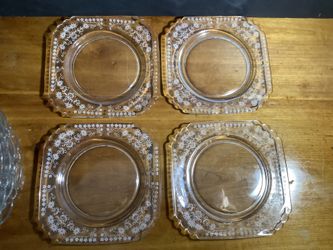 4-FOSTORIA BLOWN GLASS “MANOR CLEAR” ETCHED SALAD / SIDE PLATE 1930’S