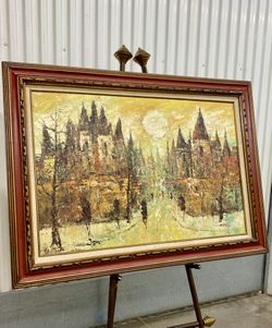 Mid-century 1960’s wood framed original oil on canvas “abstract old cityscape” painting by W. Lucas
