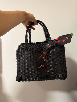 Cute picnic basket Black woven basket bag with red cherry 🍒 bow tie 🍒print and green leaves cherry coquette picnic