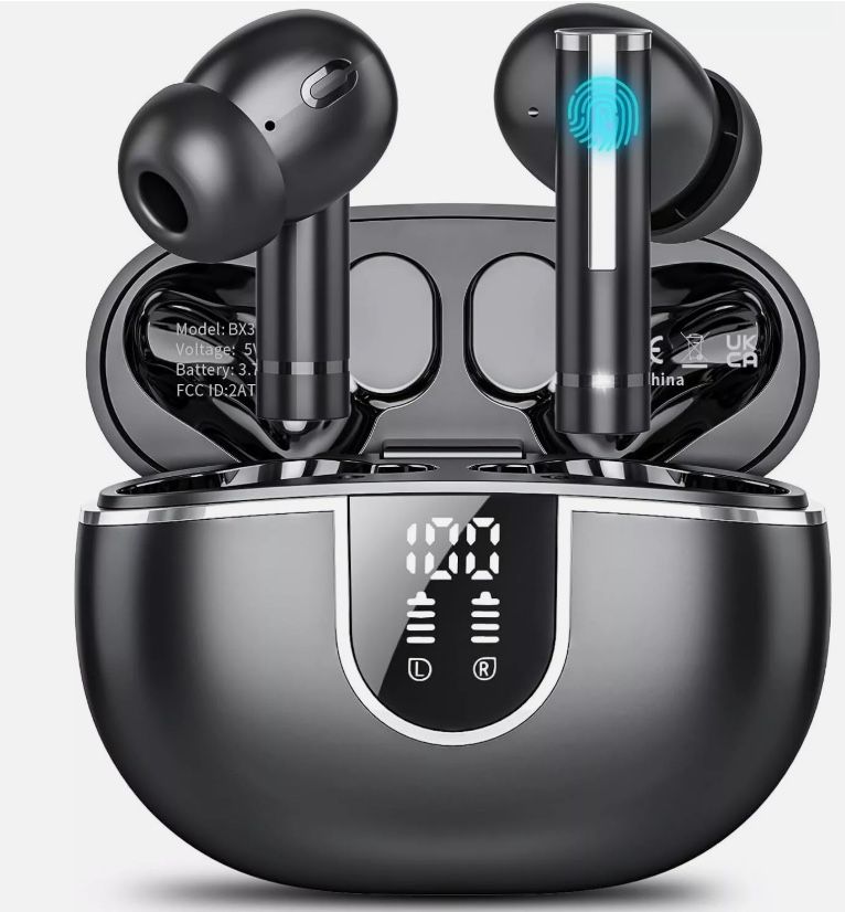 Black True Wireless Stereo Earbuds Bluetooth 5.3 Waterproof Touch Control 120 Hrs ANC LED Charging Case Sealed NIB