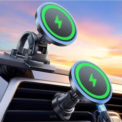2-in-1 15W Magsafe Car Mount Charger, Magnetic Wireless Car Charger, 360° Dashboard & Air Vent Phone Mount