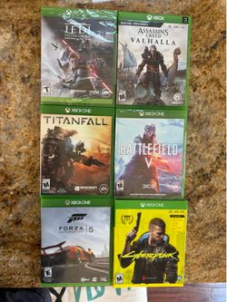 Various Xbox games: Jedi Fallen Order, Titanfall, Forza, Cyberpunk, Battlefield V, and Assassins Creed