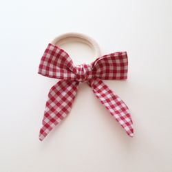 Gingham Red White Bow Hair Tie 