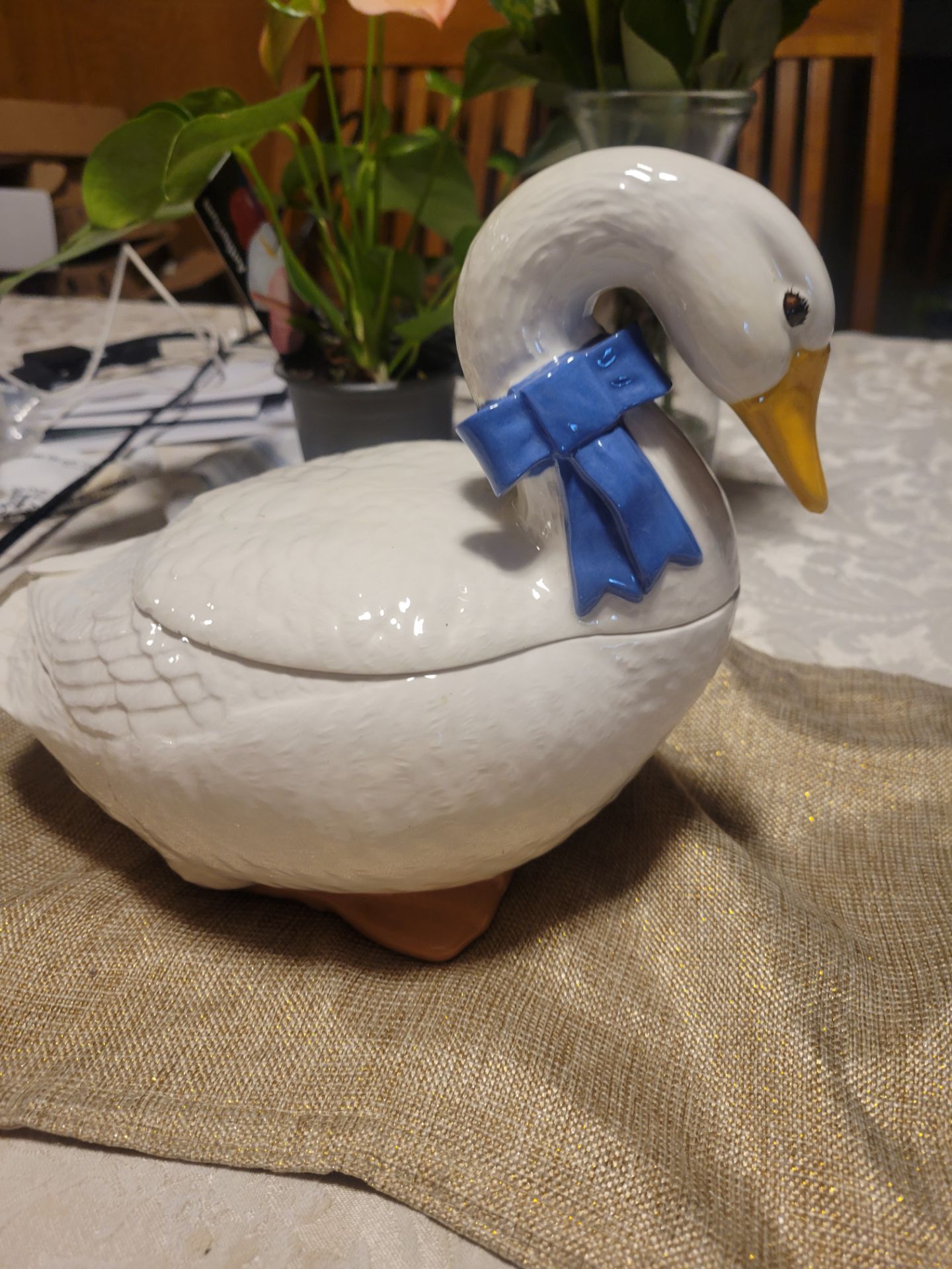 Goose cookies jar with blue ribbon