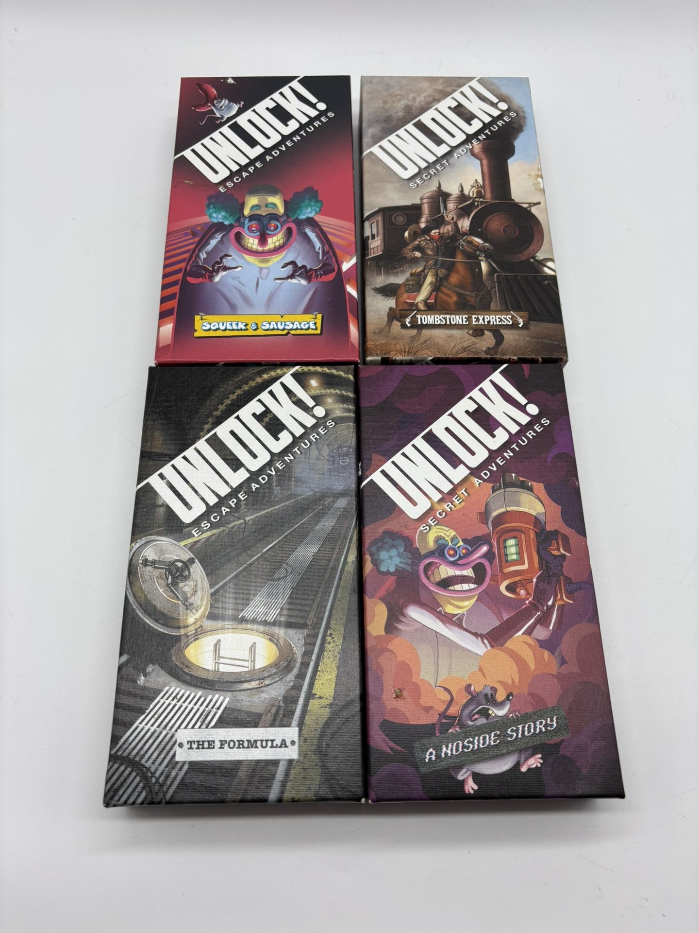 Lot 4 UNLOCK Exotic Escape Adventures Card Game Squeak Sausage Formula Noside