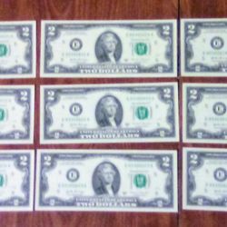 USA America 9 Consecutive Numbers $2 Dollars Bills Banknotes Currency