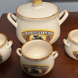 Vintage Farmers Almanac Bean Crock With 3 Matching Mugs