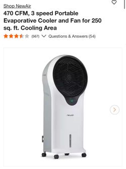 470 CFM, 3 speed Portable Evaporative Cooler and Fan for 250 sq. ft. Cooling Area