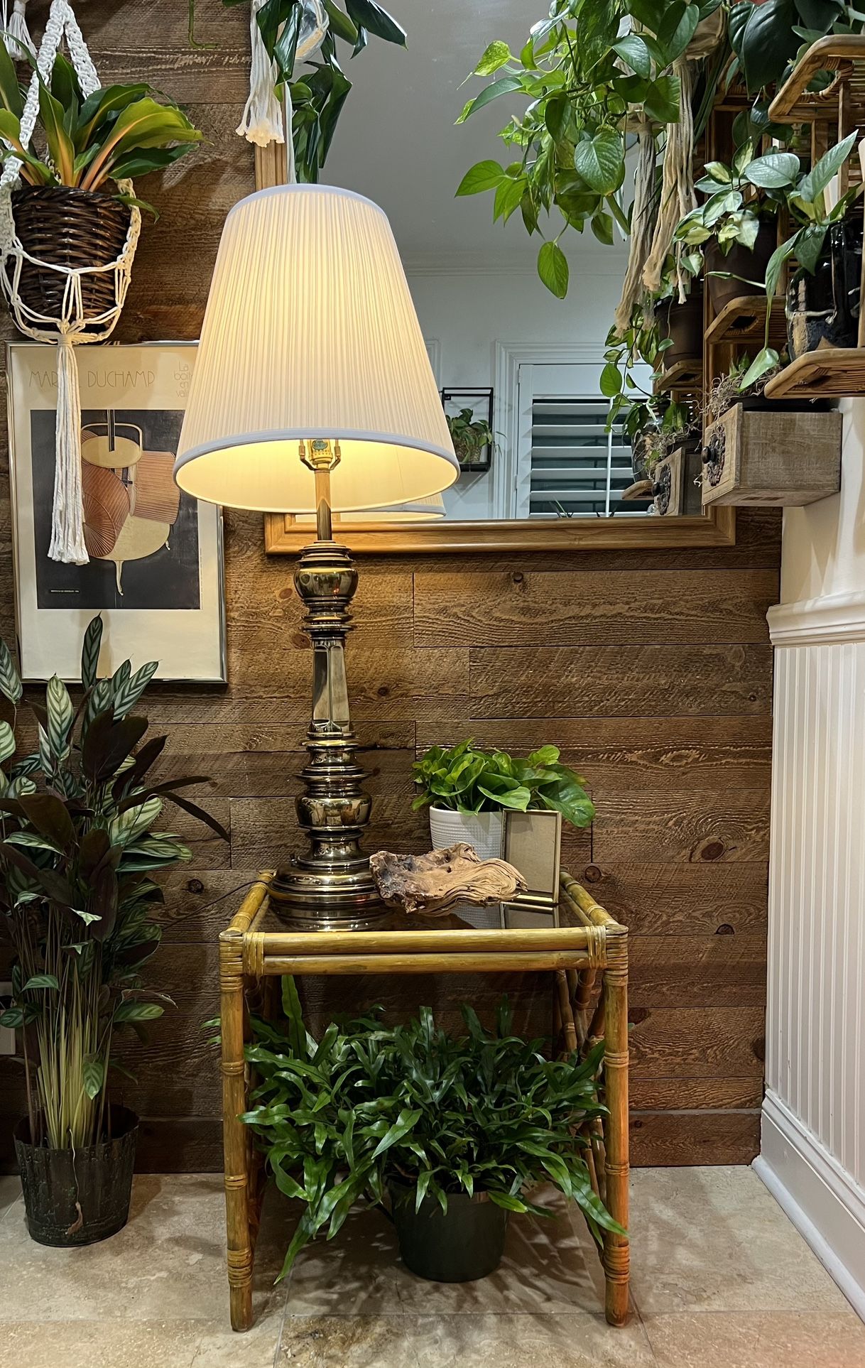 Vintage Stiffel Brass Table Lamp Tall Boho Regency Glam Luxe Patina Retro Pleated Shade