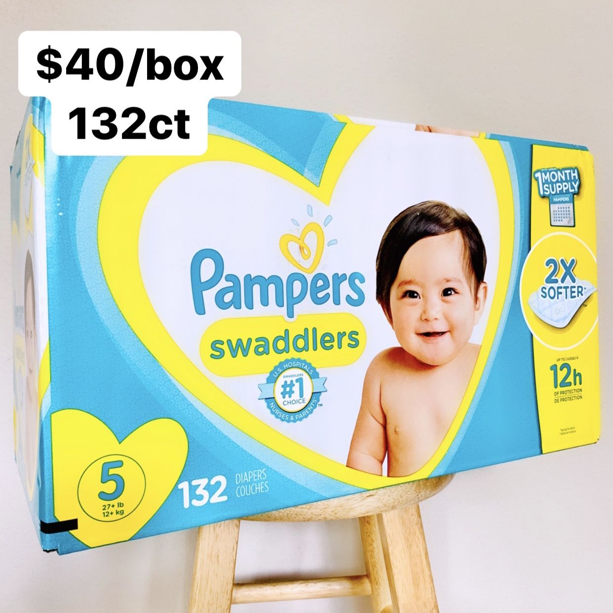 Size 5 (27+ lbs) Pampers Swaddlers (132 baby diapers) *PROMO* BUY ANY 2 PAMPERS BRAND BIG BOXES, GET 1 FREE HUGGIES TUB 64ct