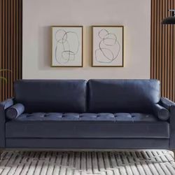 Brand new  75.6 in. Mid-Century Modern Square Arm Faux Leather Sofa in Navy Blue