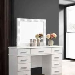  9-Drawers Vanity Table Lighted Mirror Glossy White