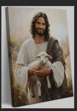 24x36 Large Jesus and Lamb Canvas Wall Art Jesus Saves the lost lamb Wall Decor Pictures Christian Lamb of God Painting Posters Prints for Dining Livi
