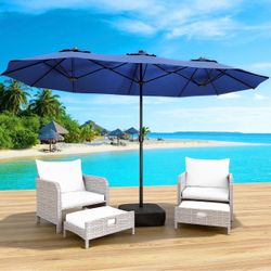 15FT Double-Sided Patio Umbrella with Base Included, Large Outdoor Rectangular Market Umbrella for Backyard, Poolside, Lawn & Garden,Blue