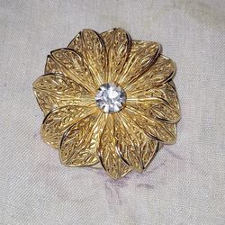 Vintage Lieba USA Scarf Clip Gold Toned Filigree Metal Clear Rhinestone Floral Scarf Clip 