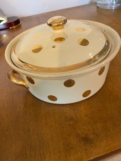 Vintage Cream & Gold Polka Dot Enamel Casserole Pot – $30