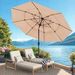 10 FT Patio Umbrella, 3 Tier Outdoor Table Umbrella with 8 Sturdy Glass Fiber Ribs and Push Button Tilt, Outdoor Patio Umbrellas for Market Pool Garde