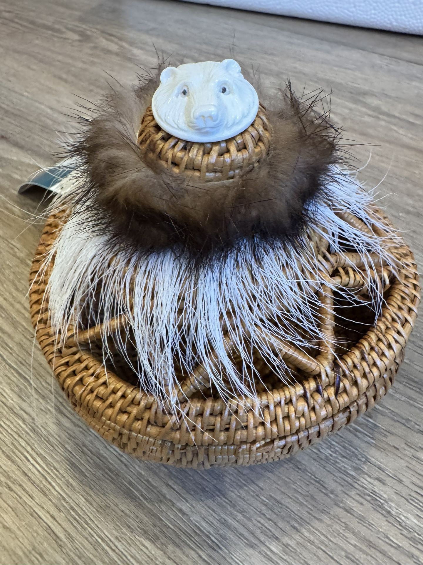 Hand Made Woven Grass Basket Navajo Carved Glass Mink Fur Sphere Lid.nwt.
