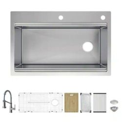 Glacier Bay Dolancourt Tight Radius 33 in. Drop-In Single Bowl 18G Stainless Steel Workstation Kitchen Sink with Spring Neck Faucet