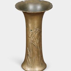 French Art Nouveau Iris Relief Repoussé Brass Vase, c.1920's - Delivery available