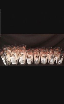 1950s Anchor Hocking glassware Gold n White Pennsylvania Dutch Collection. Tall Tumblers and Juice Glasses.  Antique classics.  SEE FULL AD BELOW