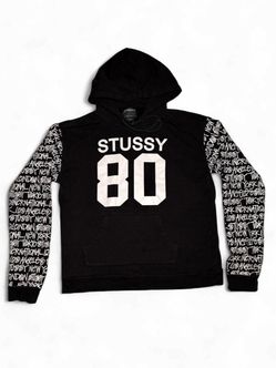 Stussy 80 World Tour Hoodie M Black White 2010s International Tribe Sleeve Spell Out Pullover Streetwear Stussy Los Angeles New York #Tokyo London 🔥