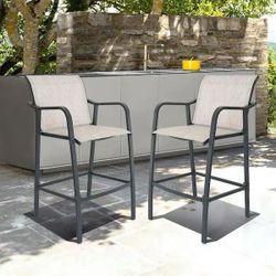 New Set Of 4 Outdoor Metal Bar Stools, Grey And Brown