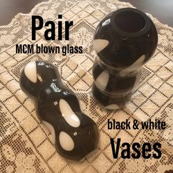 Pair Mid Century Modern Black Amethyst White Dot Glass Vases 11" Hand Blown Vintage 

