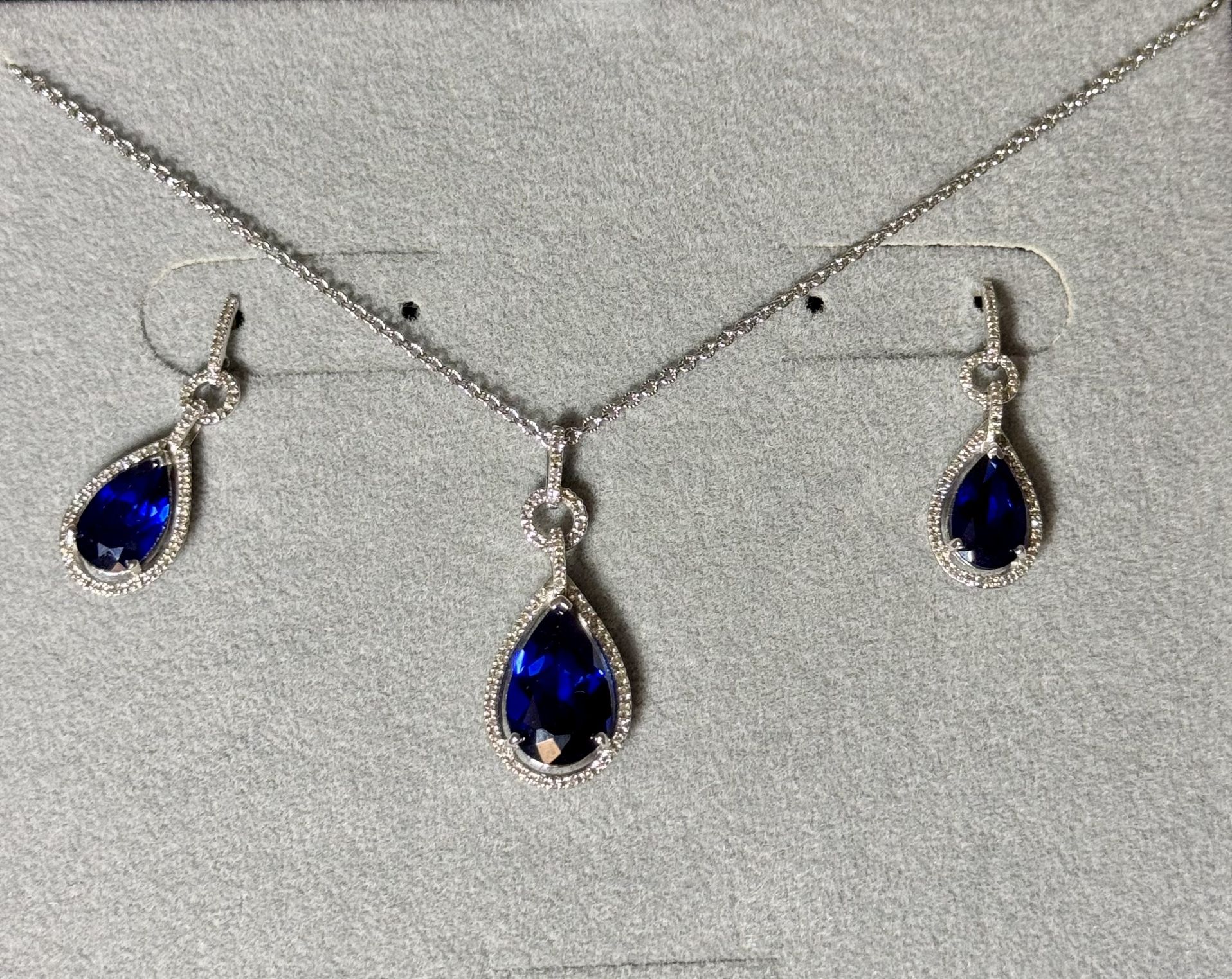 Silver Diamond Blue Sapphire Necklace & Matching Earrings Set