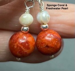 Genuine Sponge Coral & Freshwater Pearl Handmade Earrings