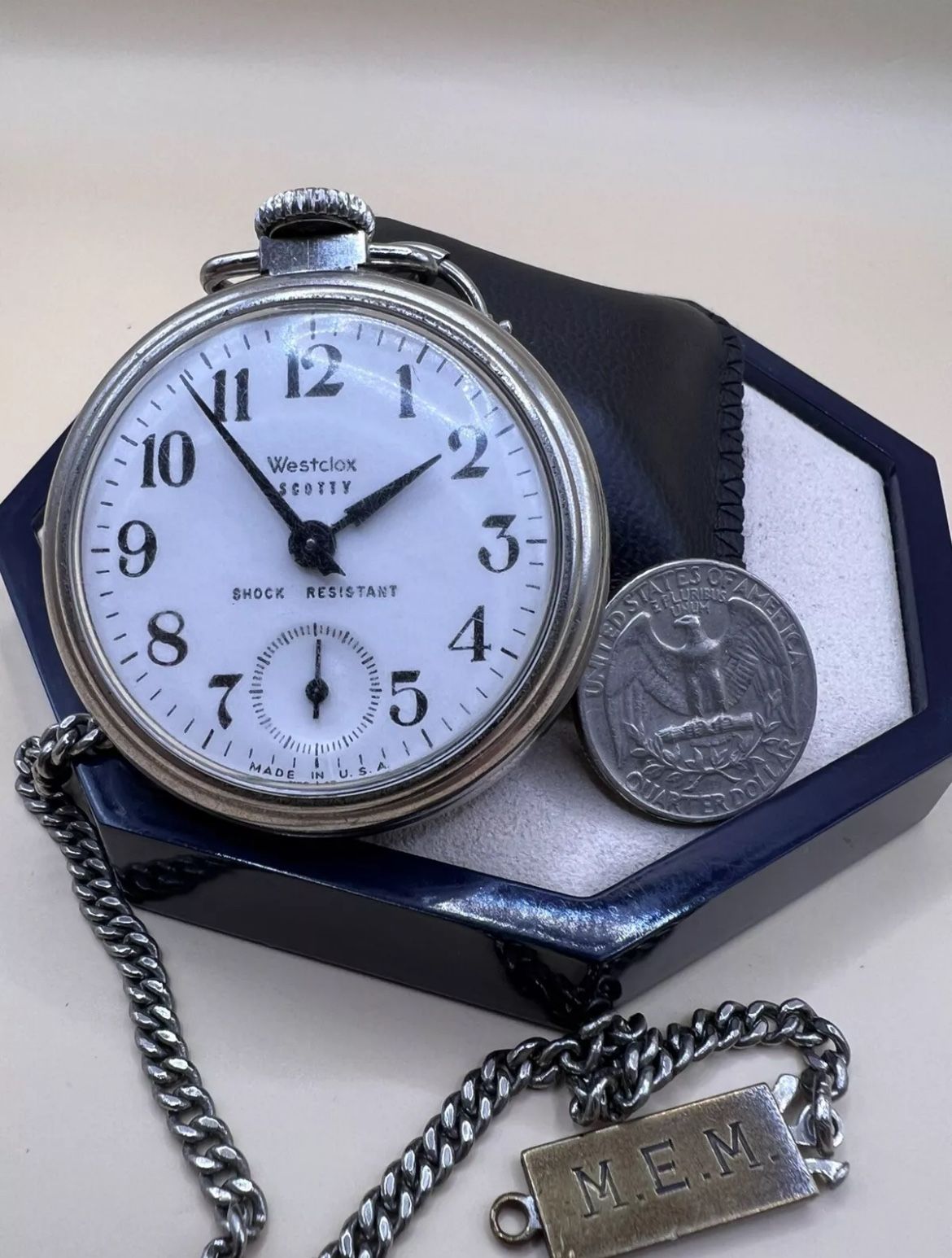 westclox Scotty pocket watch. Mechanical Movement. White Dial. Made In USA