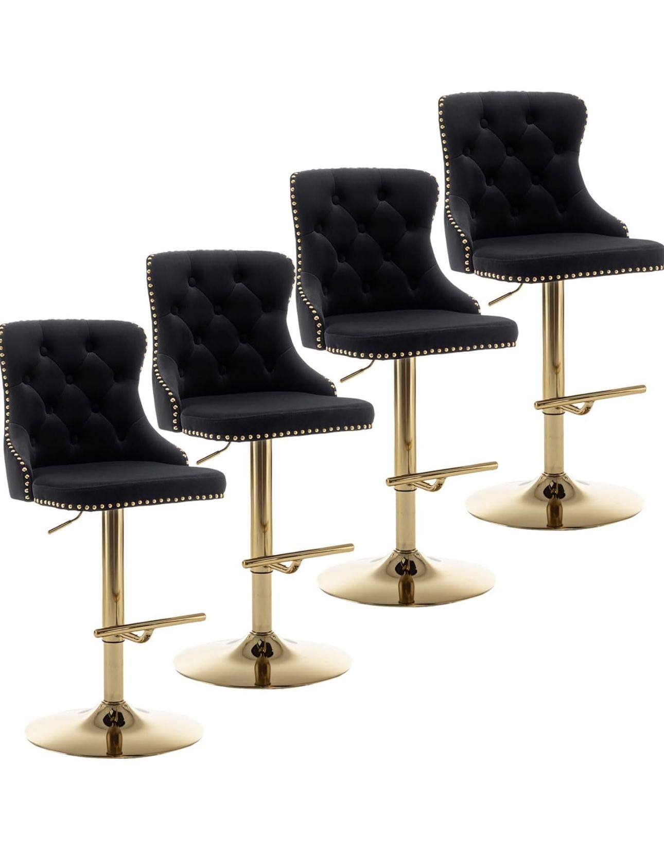 Gold Velvet Bar Stools Set of 4, Swivel Counter Height Bar Stools with Nailheads Trim and Button, Adjustable Barstools for Kitchen Island, Pub, Club (