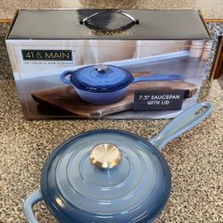 41 & Main blue enameled cast iron 7.5" saucepan designed for slow cooking and even heating. 