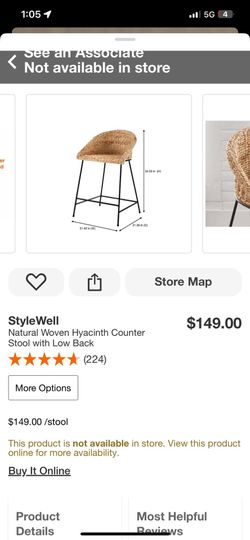 StyleWell Natural Woven Hyacinth Counter Stool with Low Back   new 