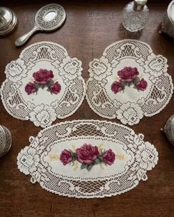 Vintage Lace Doily Set with Rose Embroidery