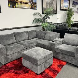 Dark Gray Sofa Sectional w/ Cup Holders & Charging Station 