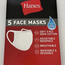 5 Pack HANES Face Masks WHITE Cotton Reusable Cover Cloth Facemask