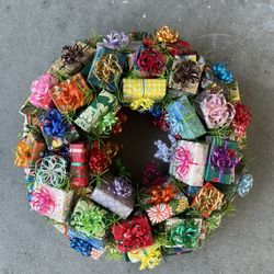 Vintage Christmas Presents Wreath Celluloid Gifts Under The Tree Santa Kitsch