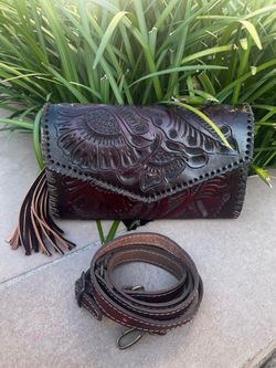 Mexican leather clutch with embossed floral design