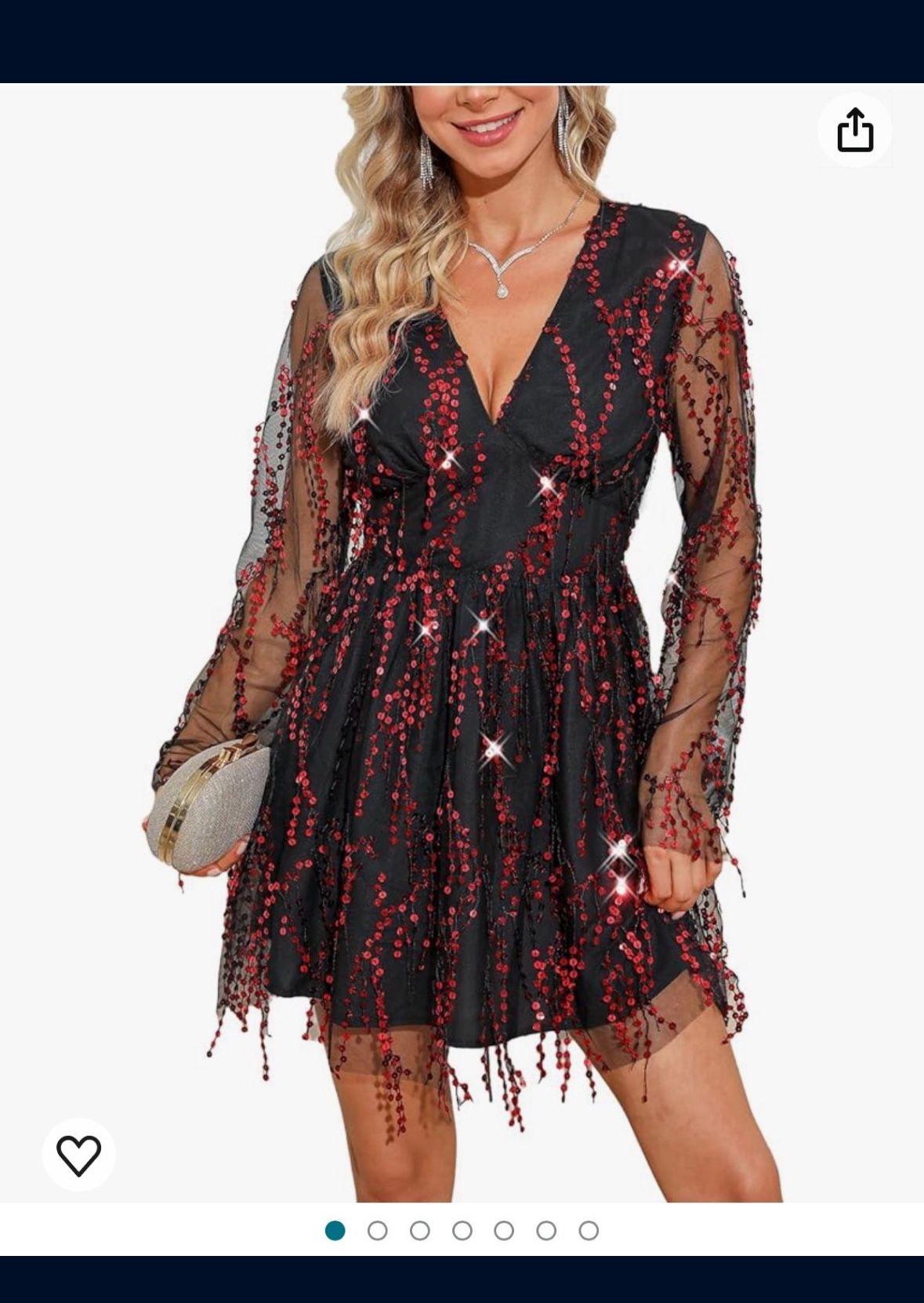 CUPSHE Women's V Neck Sparkly Sparkly Tulle Sequin Long Sleeve A-Line Dress