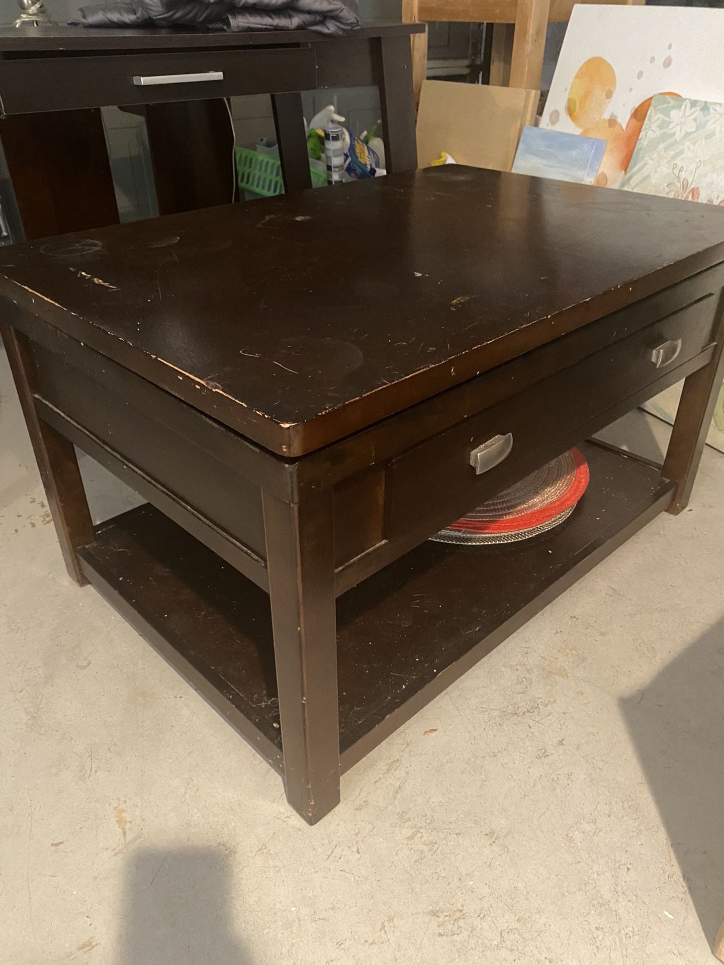 Purging Sale: Coffee Table, End Tables, Lamps, Entry Table, Desk, Canvases, Free Boxes