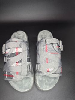 Gray Plaid Slide Sandals with Buckle Straps
