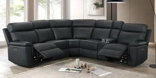 Brand New Super Plush Black Leather Power Reclining Sectional Sofa