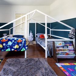 Euroco Wood House Twin Bed, 2 Beds in One, 2-in-1 Platform Bed with Movable Desk for Kids Teens, White