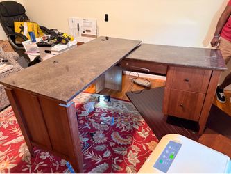 Faux marble top desk and storage hutch