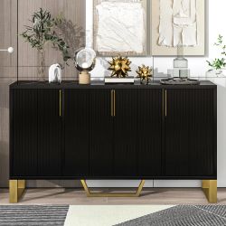 Modern Sideboard with Four Doors, Metal Handles & Legs, Adjustable Shelves, Black MDF & Particle Board