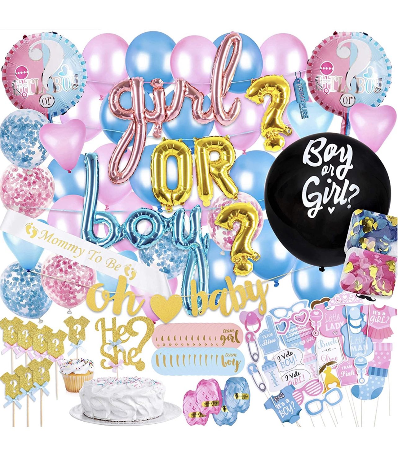 Brand New Baby Gender Reveal Party Supplies and Decorations (111 Piece Premium Kit) Pink and Blue Balloons, 36 inch Gender Reveal Balloon, Boy or Girl